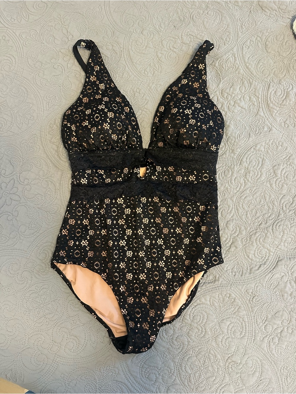 Swimsuits for All, Black Lace One-Piece Swimsuit with Nude Lining